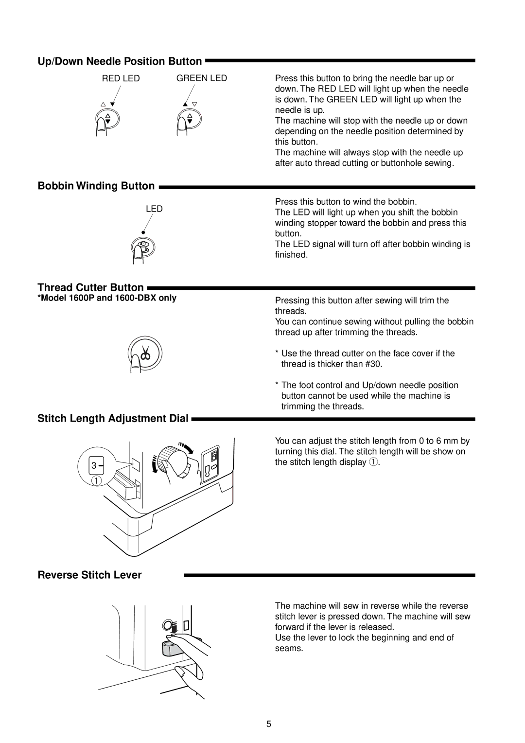 Janome 1600P Series Up/Down Needle Position Button, Bobbin Winding Button, Thread Cutter Button, Reverse Stitch Lever 