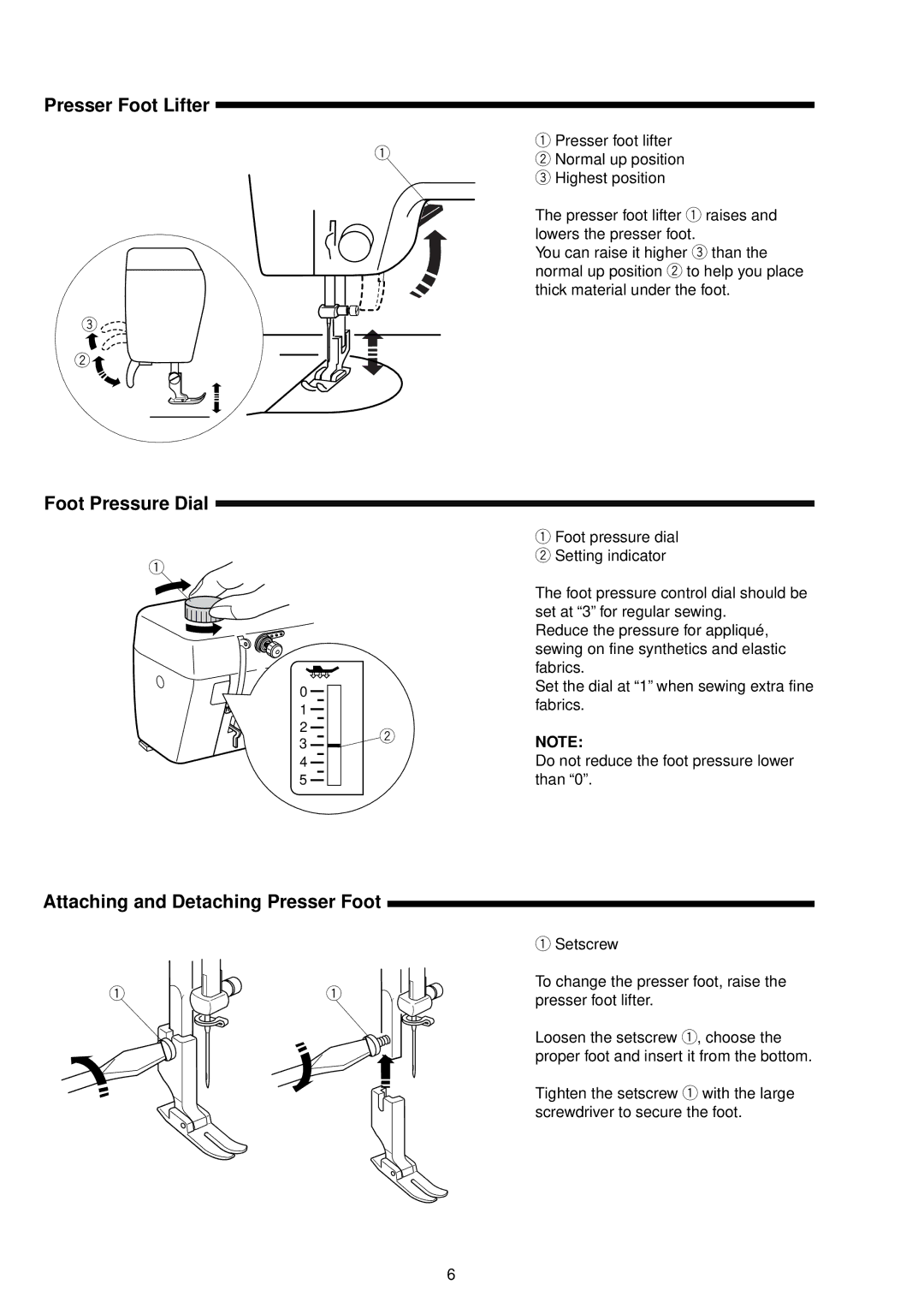 Janome 1600P Series manual Presser Foot Lifter, Foot Pressure Dial, Attaching and Detaching Presser Foot 