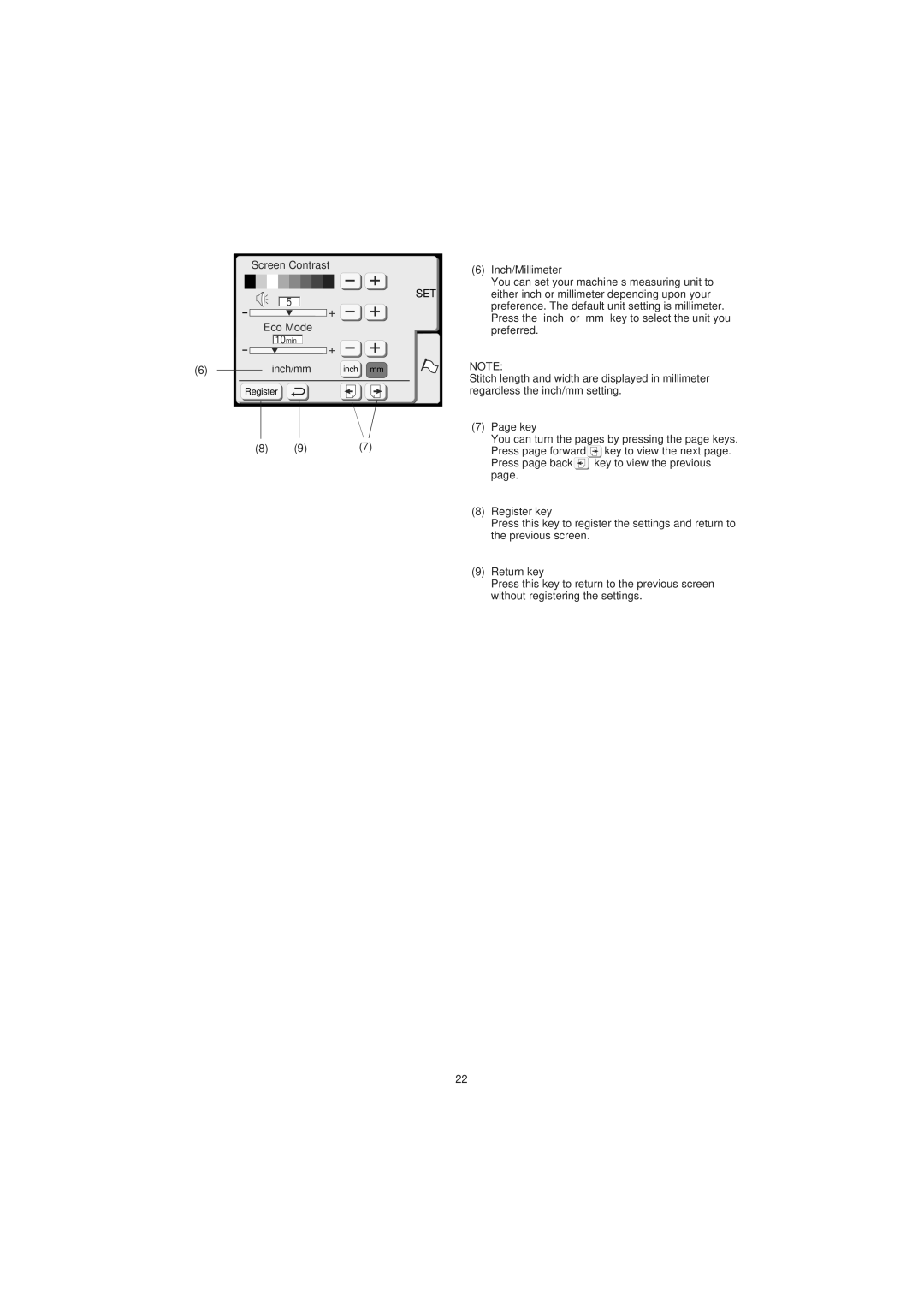 Janome 300E manual Inch/Millimeter, Key, Register key, Return key 