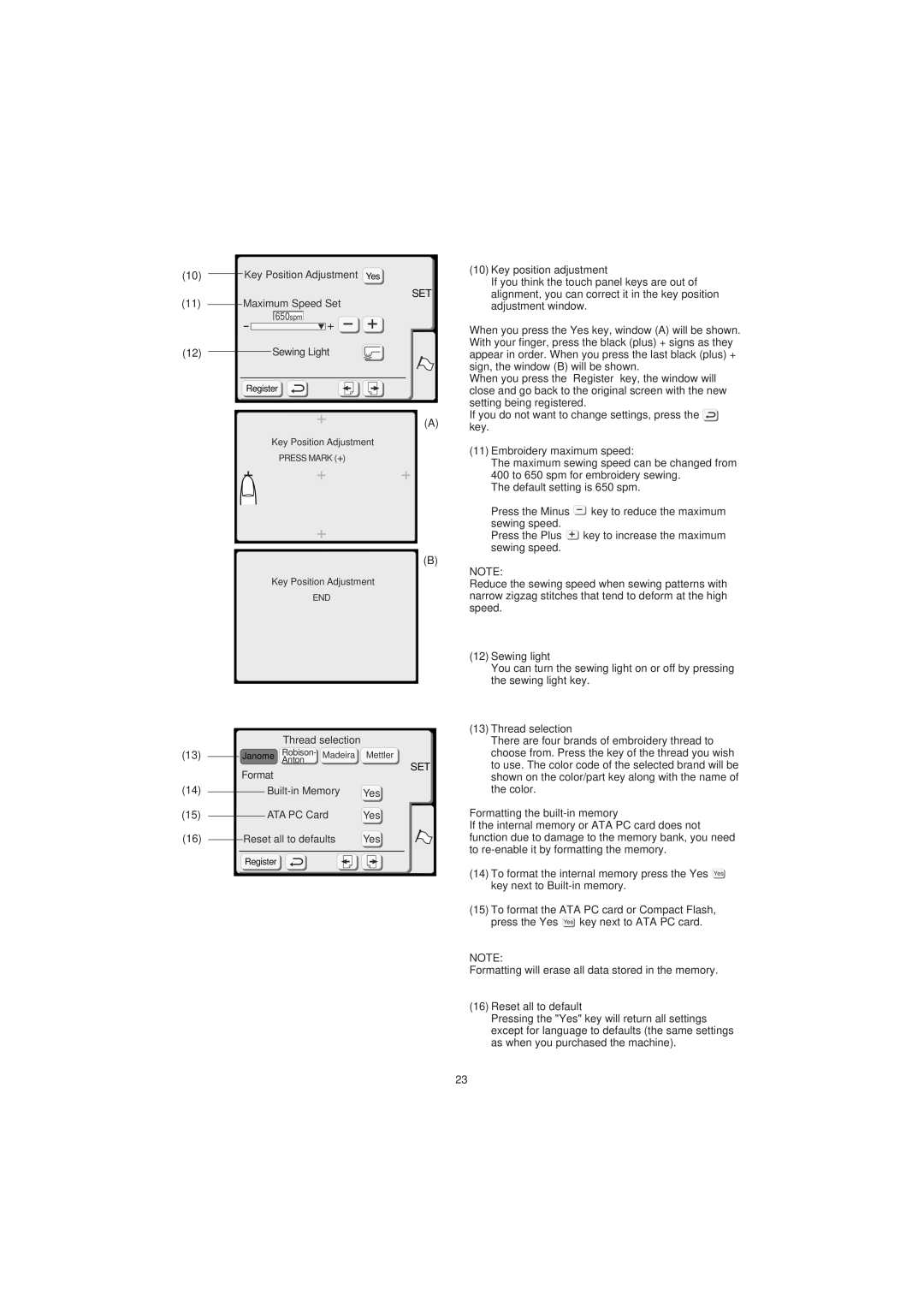 Janome 300E manual Key position adjustment, Embroidery maximum speed, Sewing light, Thread selection, Reset all to default 