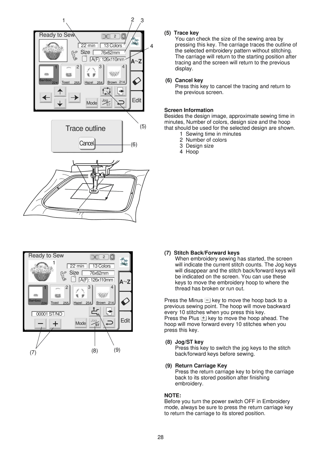 Janome 300E manual Trace key, Cancel key, Screen Information, Stitch Back/Forward keys, Jog/ST key, Return Carriage Key 