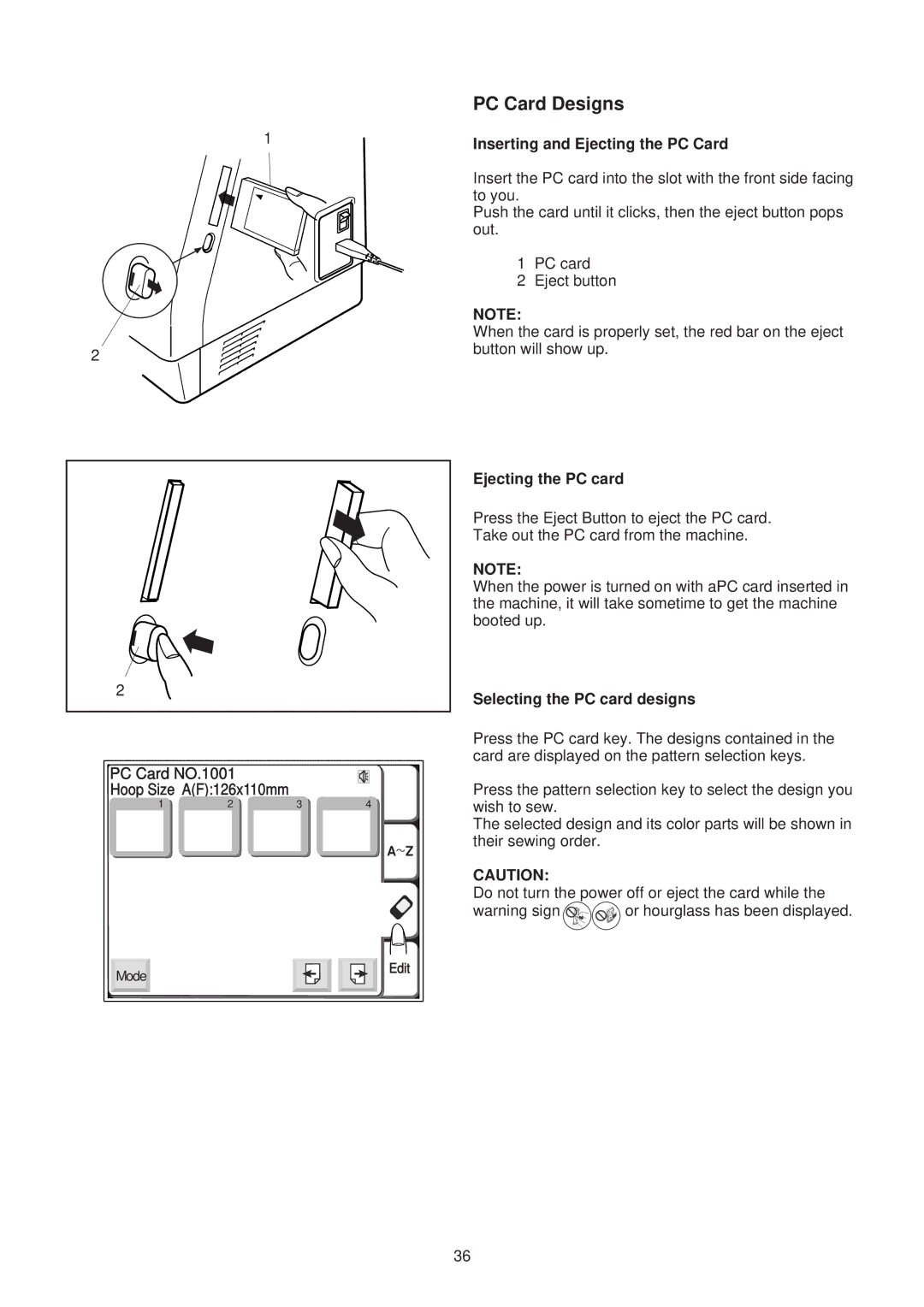 Janome 300E manual PC Card Designs, PC Card NO.1001, Inserting and Ejecting the PC Card, Ejecting the PC card 