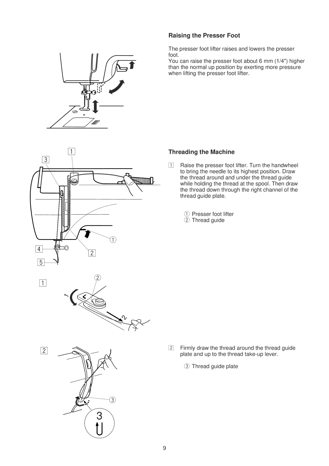 Janome 350E manual Raising the Presser Foot, Threading the Machine 