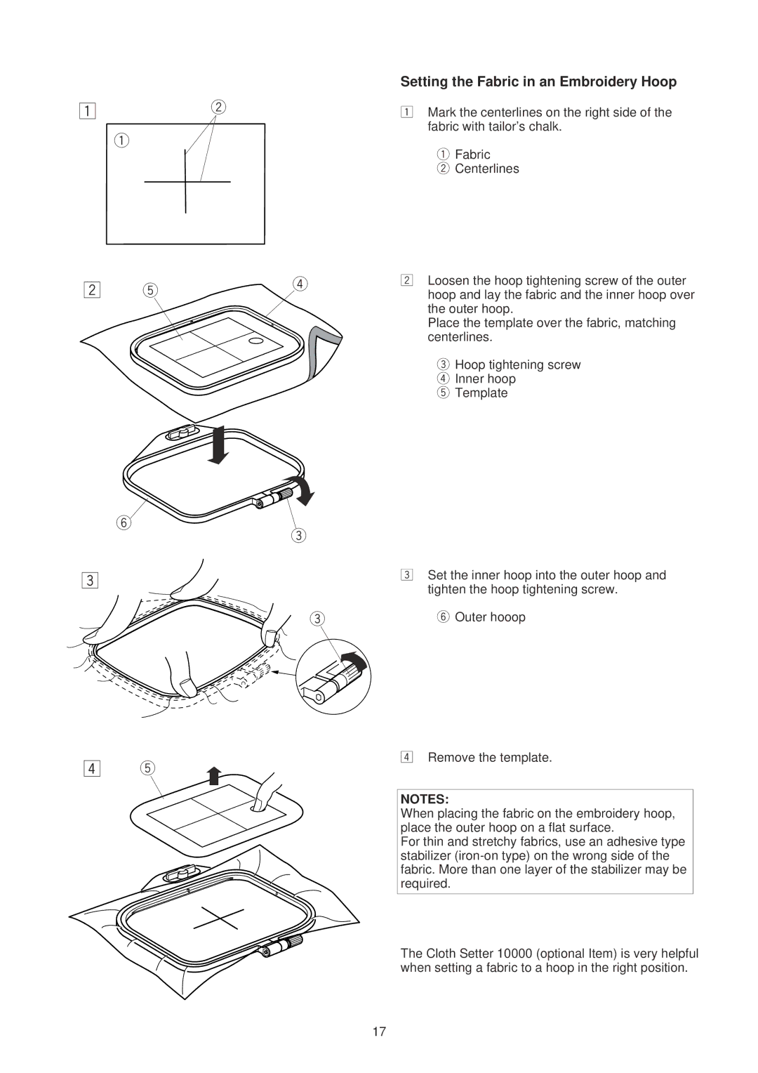 Janome 350E manual Setting the Fabric in an Embroidery Hoop 