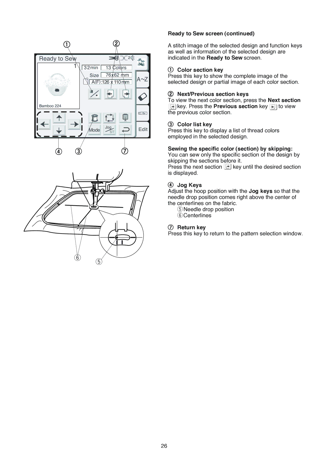 Janome 350E manual Ready to Sew screen, Color section key, Next/Previous section keys, Color list key, Jog Keys, Return key 