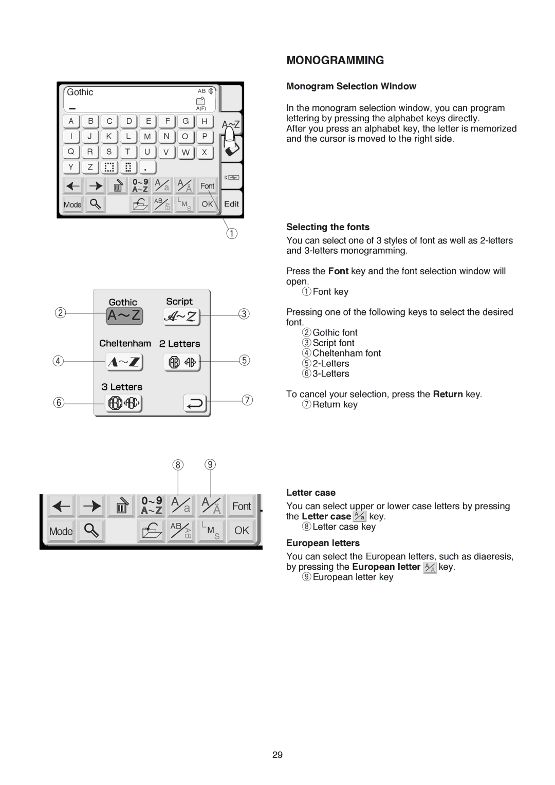 Janome 350E manual Monogram Selection Window, Selecting the fonts, Letter case, European letters 