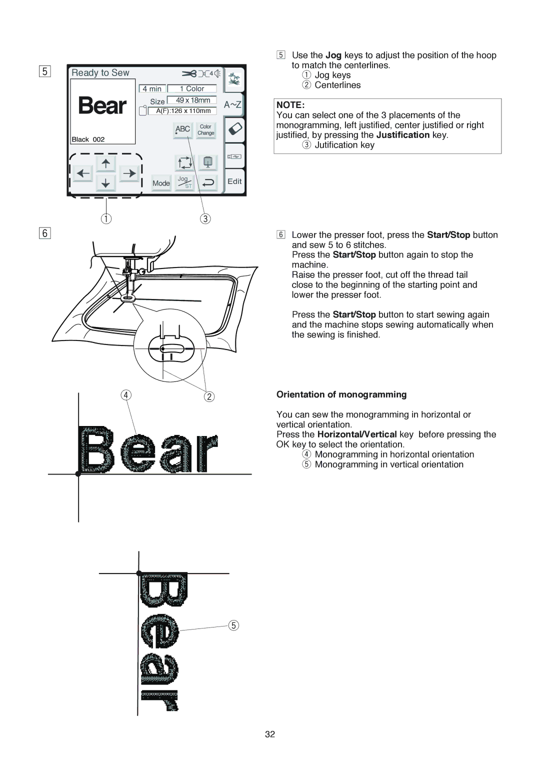 Janome 350E manual Bear, Orientation of monogramming 