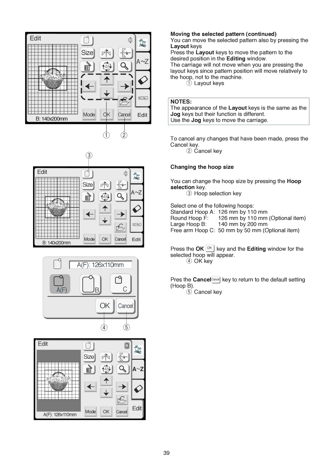 Janome 350E manual AF 126x110mm, Changing the hoop size 