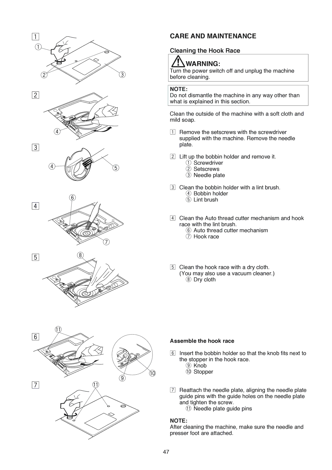 Janome 350E manual Cleaning the Hook Race, Assemble the hook race 