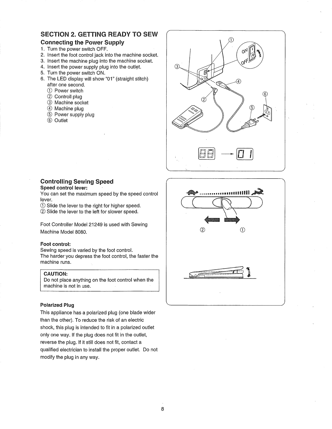 Janome 385.80802 owner manual Connecting the Power Supply, Controlling Sewing Speed, Speed control lever 