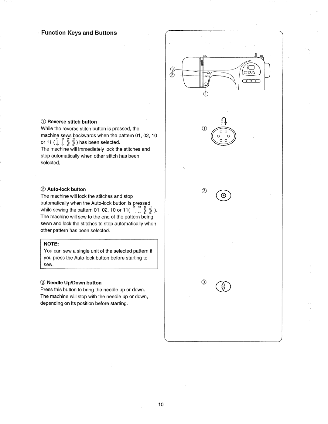 Janome 385.80802 owner manual Function Keys and Buttons, Reverse stitch button, Auto-lock button 