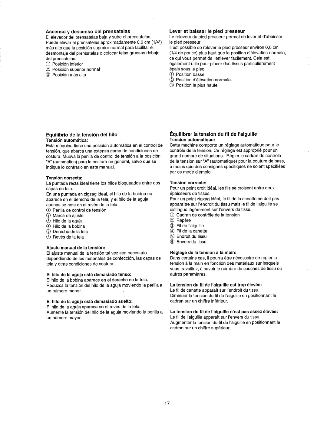 Janome 385.80802 owner manual Equilibrio de la tensi6n del hilo Tensi6n automdtlca, Lever et baisser le pied presseur 