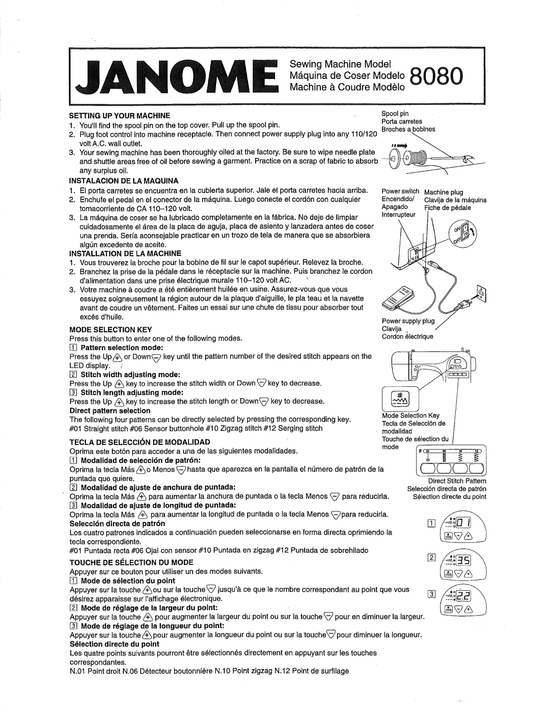 Janome 385.80802 Setting UP Your Machine, Instalacion DE LA Maquina, Installation DE LA Machine, Mode Selection KEY 