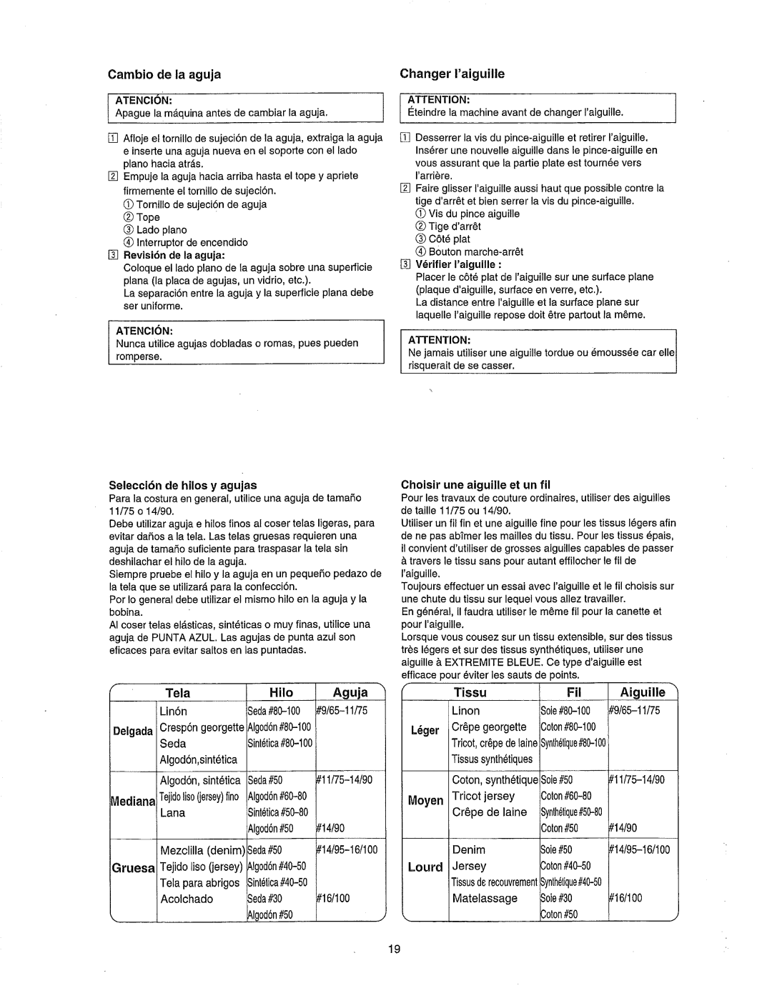 Janome 385.80802 owner manual Cambio de la aguja, Aguja, Changer Iaiguille, Tissu Fil Aiguille, Denim, Lourd Jersey 