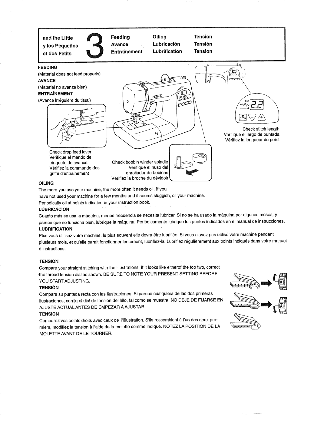 Janome 385.80802 owner manual Oiling, Tension, Molette Avant DE LE Tourner 