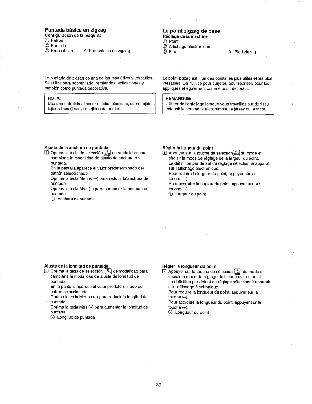 Janome 385.80802 owner manual Puntada bdsica en zigzag Le point zigzag de base 