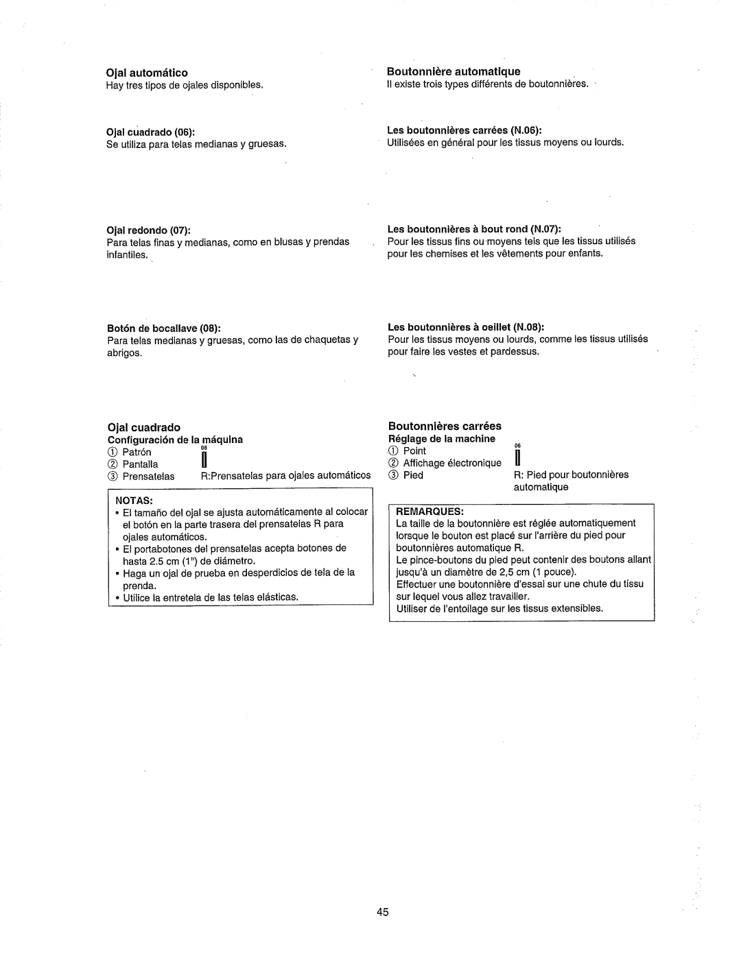 Janome 385.80802 Ojal automdtico, Boutonniere automatique, Les boutonnieres carrdes N.06, Automatique, Remarques 