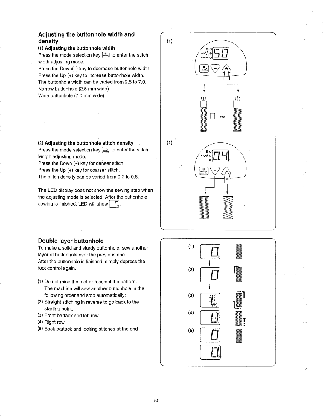 Janome 385.80802 owner manual Adjusting the buttonhole width and density, Double layer buttonhole 