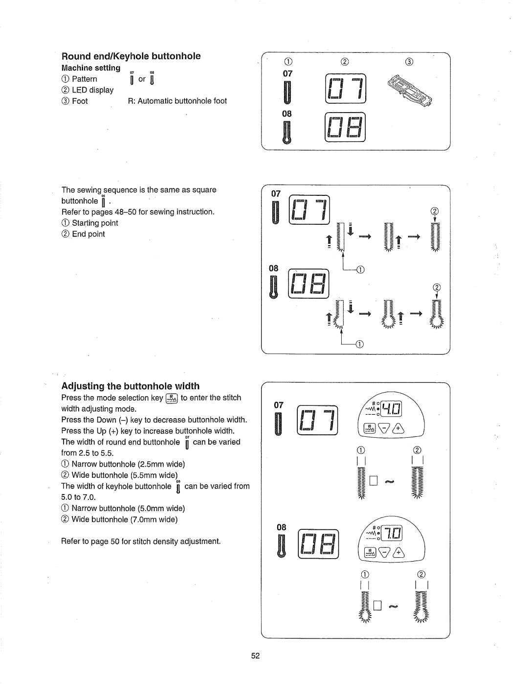 Janome 385.80802 owner manual Round end/Keyhole Buttonhole Machine setting, @ LED display Foot Automatic buttonhole foot 