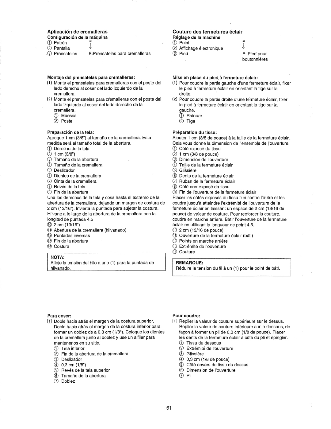 Janome 385.80802 owner manual Aplicacien de cremalleras, Para ooser, Pour coudre 