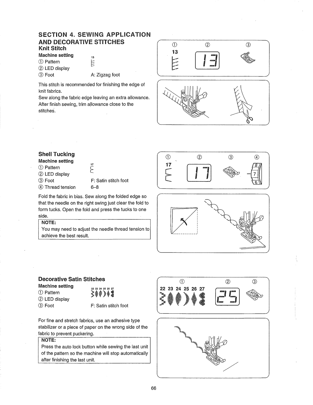 Janome 385.80802 owner manual Knit Stitch, Shell Tucking, Decorative Satin Stitches, 222=4=526=7 