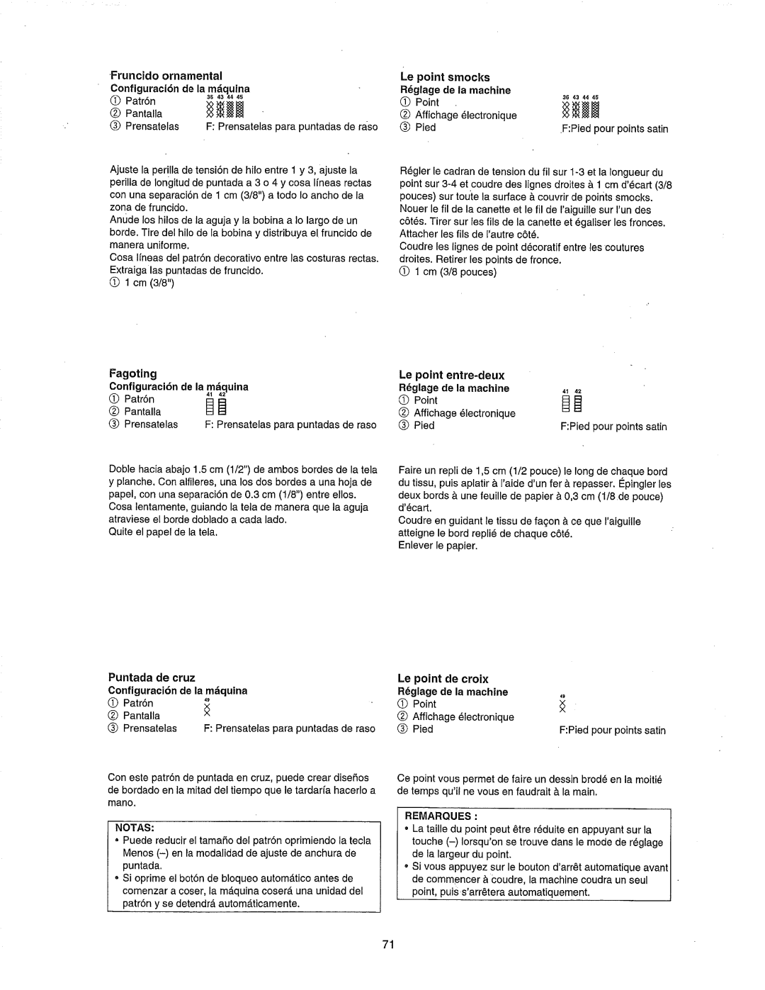 Janome 385.80802 Fagoting, Puntada de cruz Configuraci6n de la mquina, Le point entre-deux R6glage de la machine 