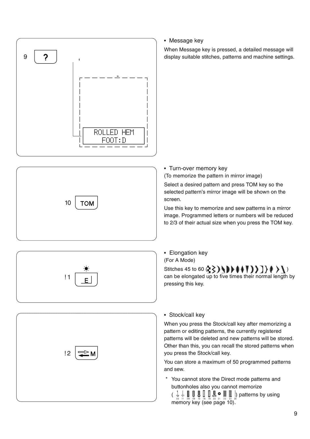 Janome 4800 manual Message key, Turn-over memory key, Elongation key, Stock/call key 