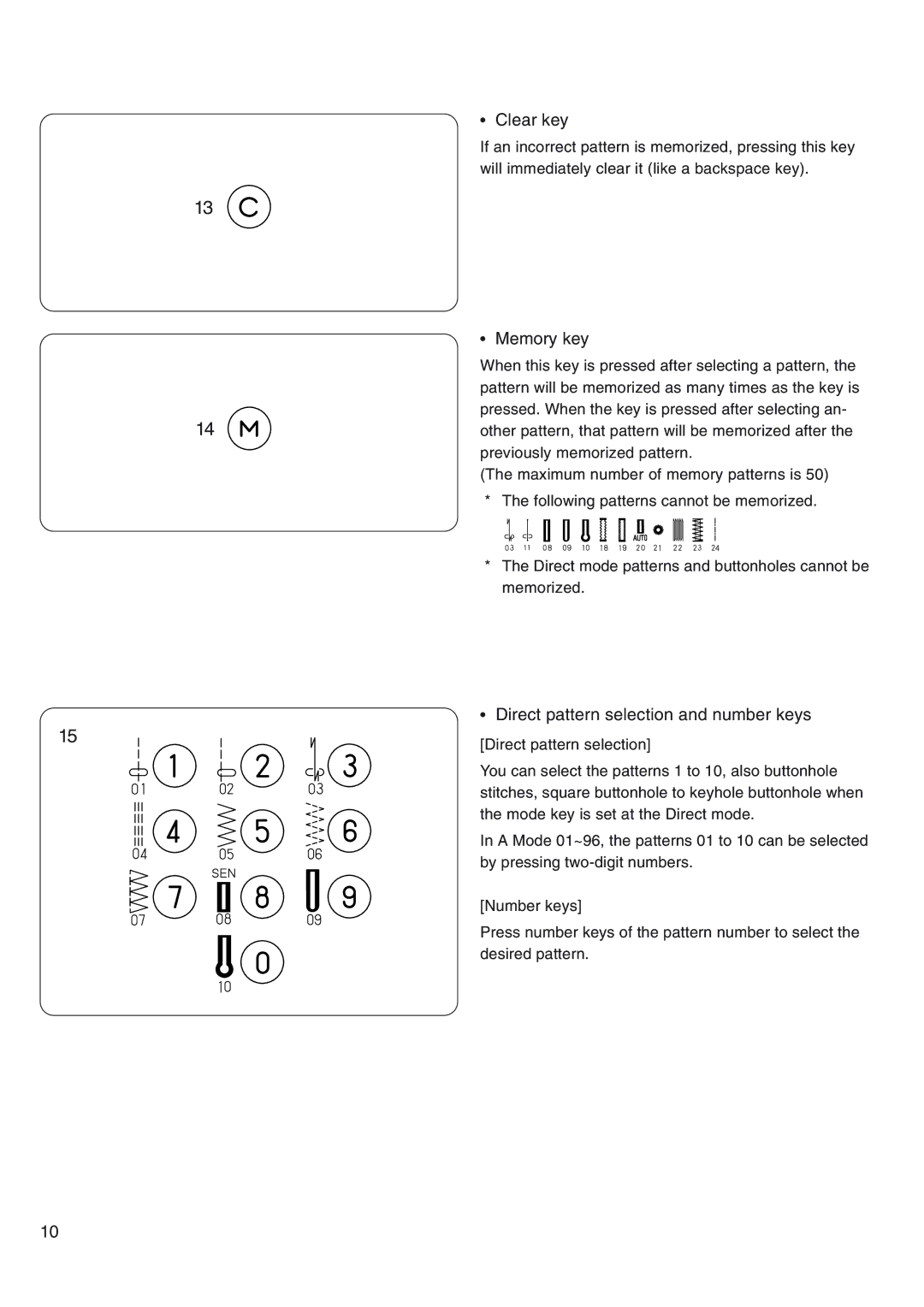 Janome 4800 manual Clear key, Memory key, Direct pattern selection and number keys 