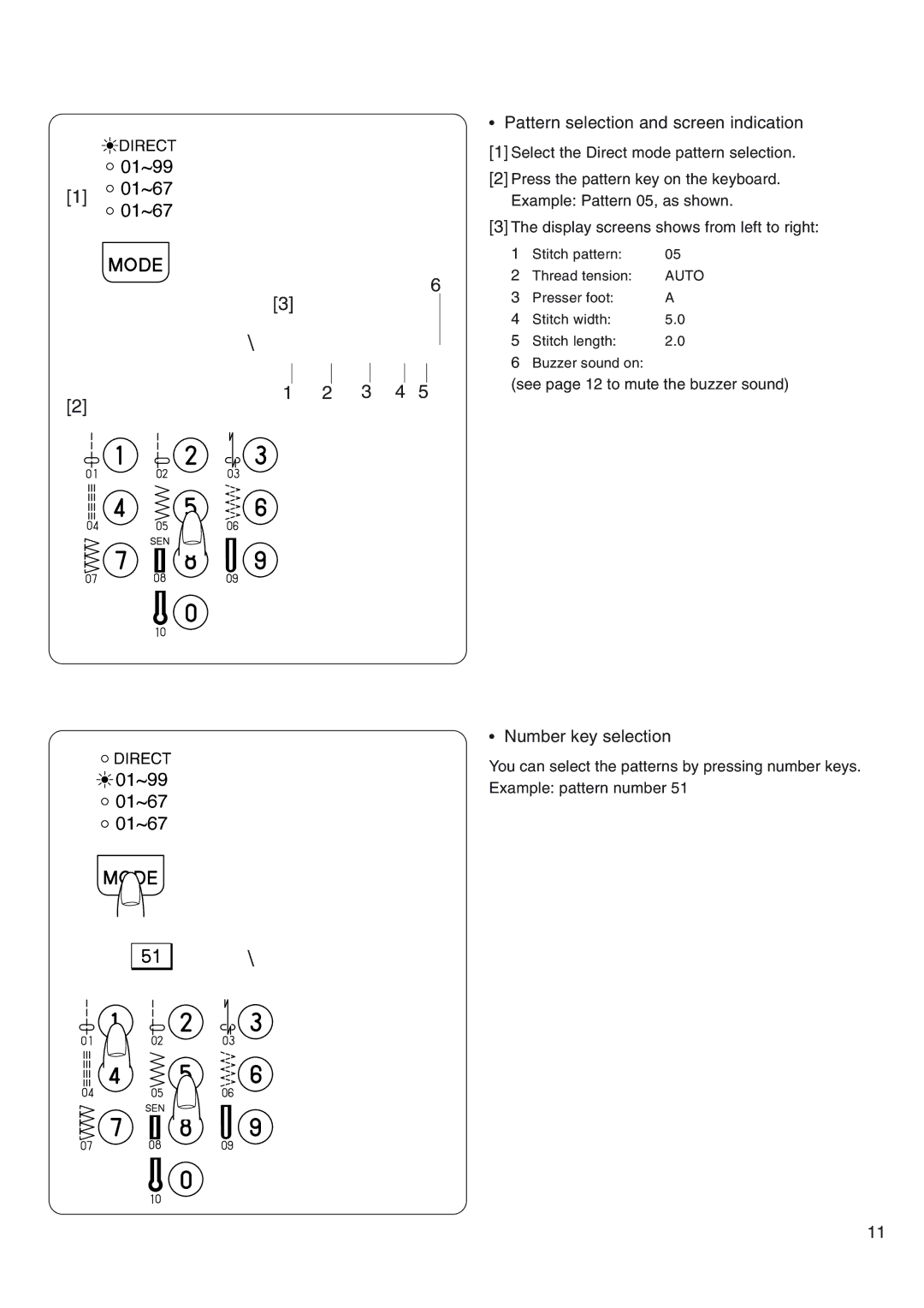 Janome 4800 manual 3 4, Pattern selection and screen indication, Number key selection 