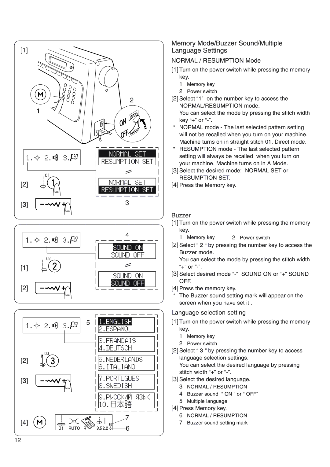 Janome 4800 Memory Mode/Buzzer Sound/Multiple Language Settings, Normal / Resumption Mode, Language selection setting 