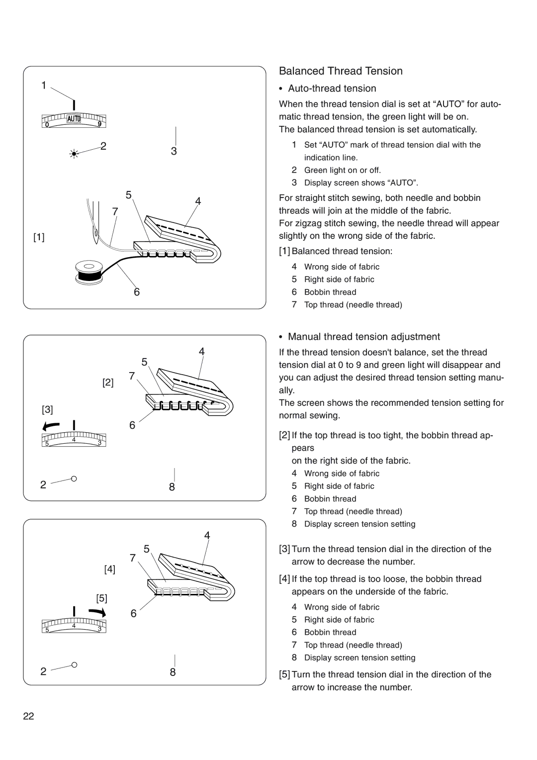 Janome 4800 manual Balanced Thread Tension, Auto-thread tension, Manual thread tension adjustment 