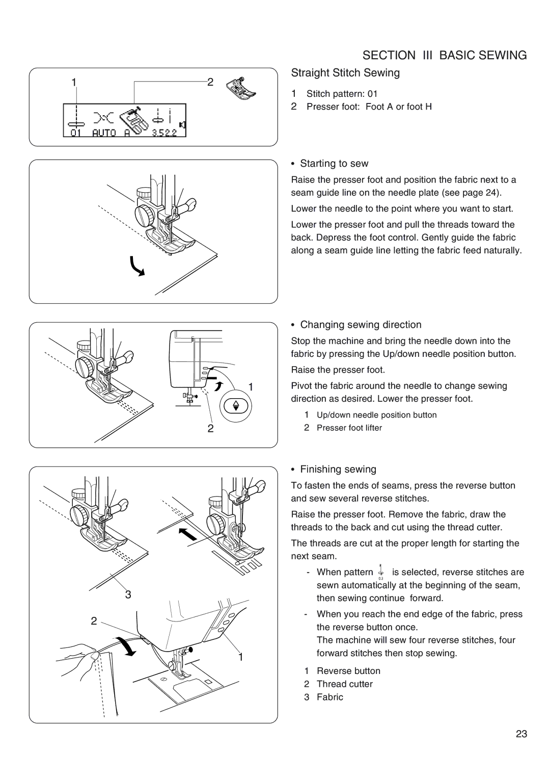 Janome 4800 manual Straight Stitch Sewing, Starting to sew, Changing sewing direction, Finishing sewing 