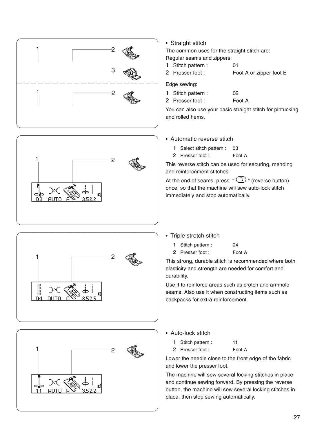 Janome 4800 manual Straight stitch, Automatic reverse stitch, Triple stretch stitch, Auto-lock stitch 