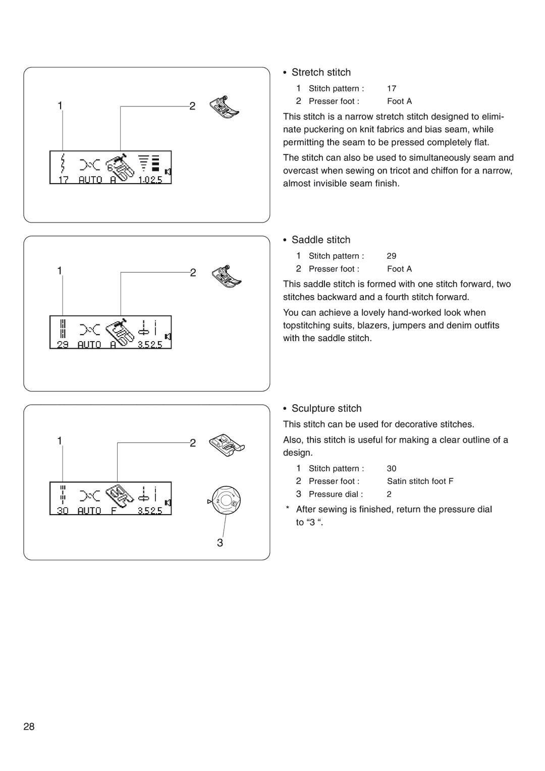 Janome 4800 manual Stretch stitch, Saddle stitch, Sculpture stitch 