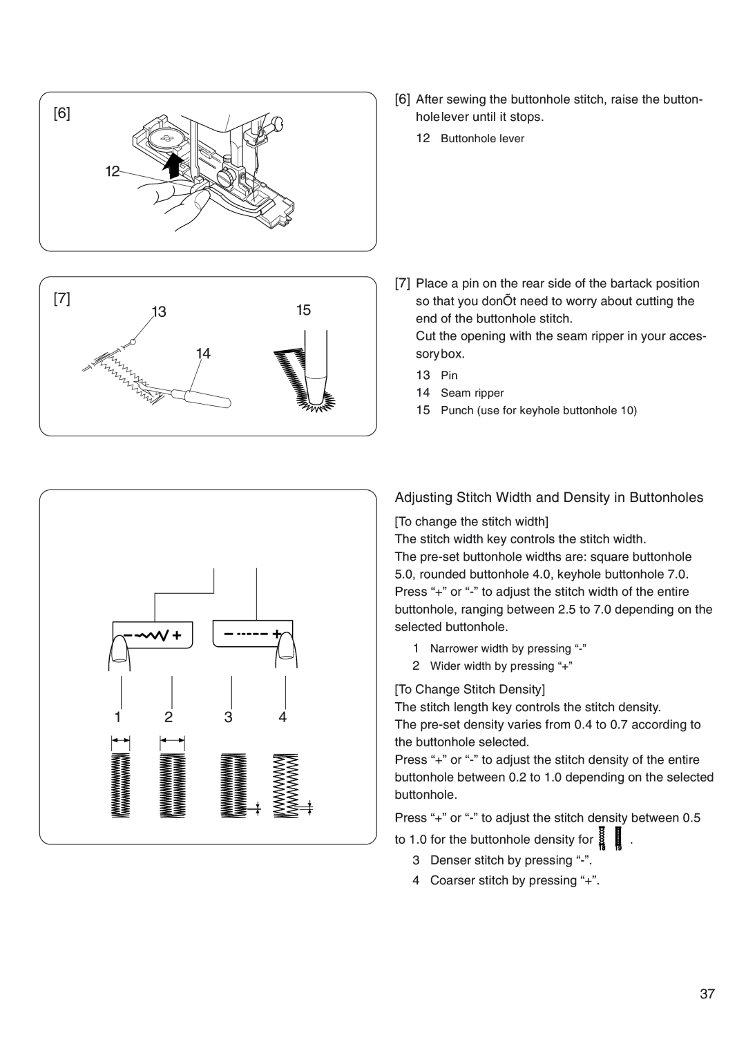 Janome 4800 manual 1315, Adjusting Stitch Width and Density in Buttonholes 