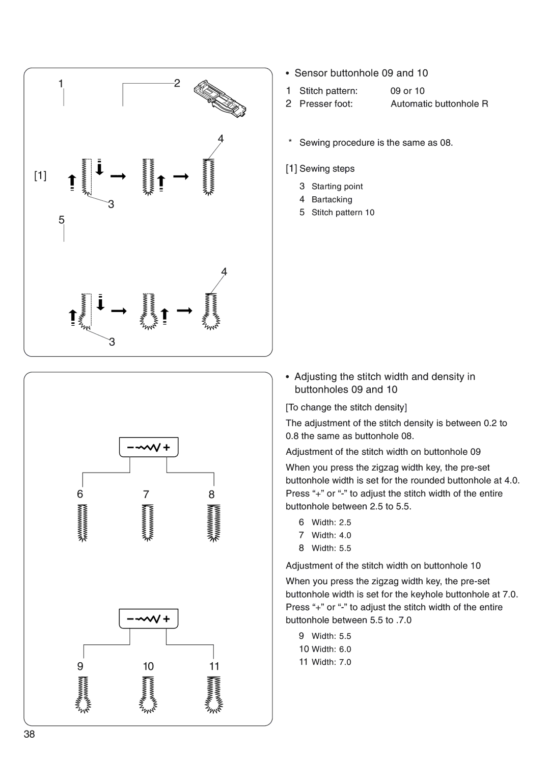 Janome 4800 manual 678 910, Sensor buttonhole 09, Adjusting the stitch width and density in buttonholes 09 