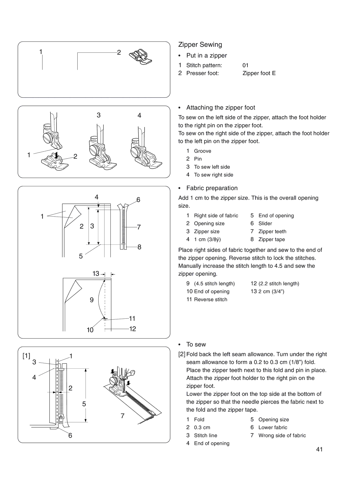 Janome 4800 manual Zipper Sewing, Put in a zipper, Attaching the zipper foot, Fabric preparation, To sew 