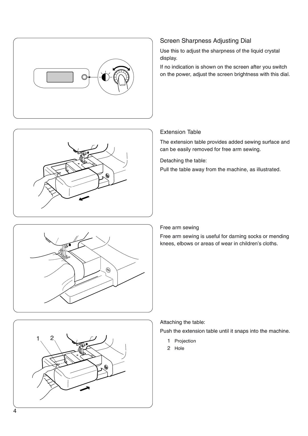 Janome 4800 manual Screen Sharpness Adjusting Dial, Extension Table 