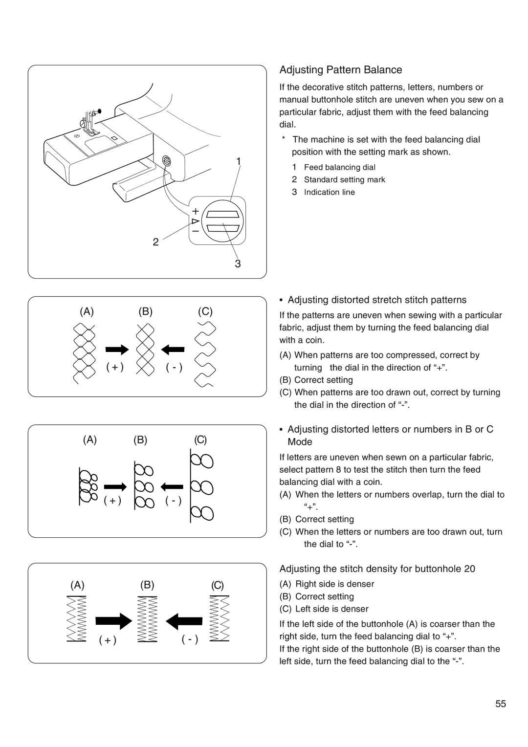 Janome 4800 manual ABC Adjusting Pattern Balance, Adjusting distorted stretch stitch patterns 