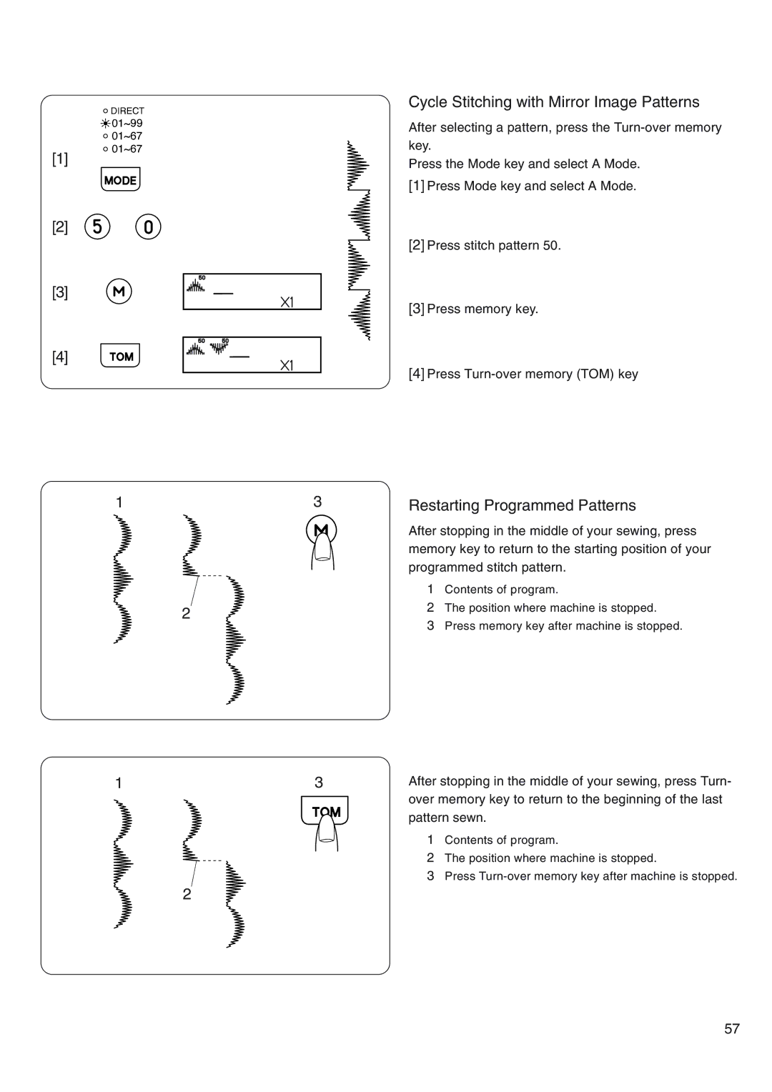 Janome 4800 manual Cycle Stitching with Mirror Image Patterns, Restarting Programmed Patterns 