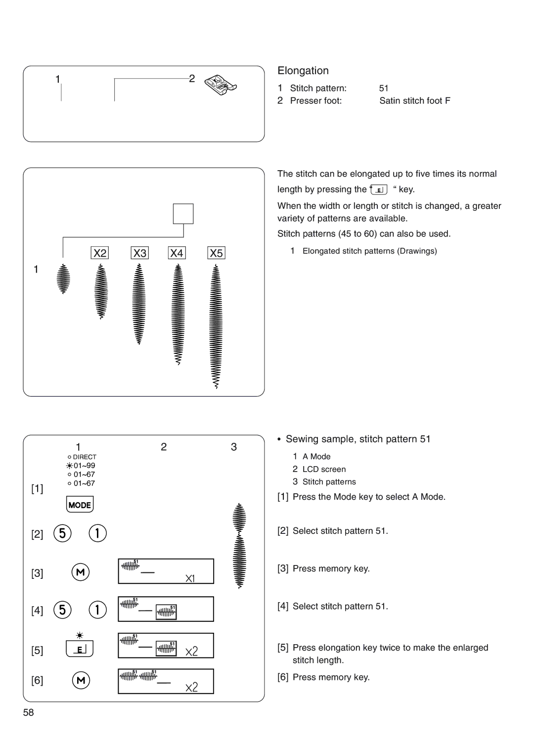 Janome 4800 manual Elongation, Sewing sample, stitch pattern 