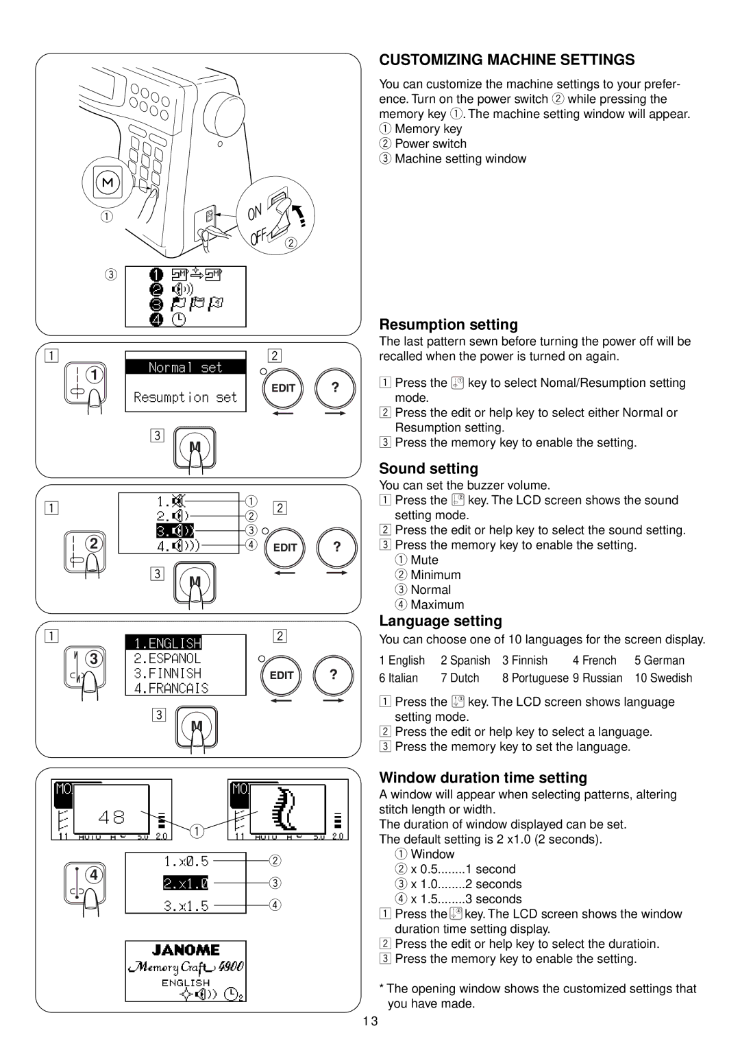 Janome 4900 QC manual Resumption setting, Sound setting, Language setting, Window duration time setting 