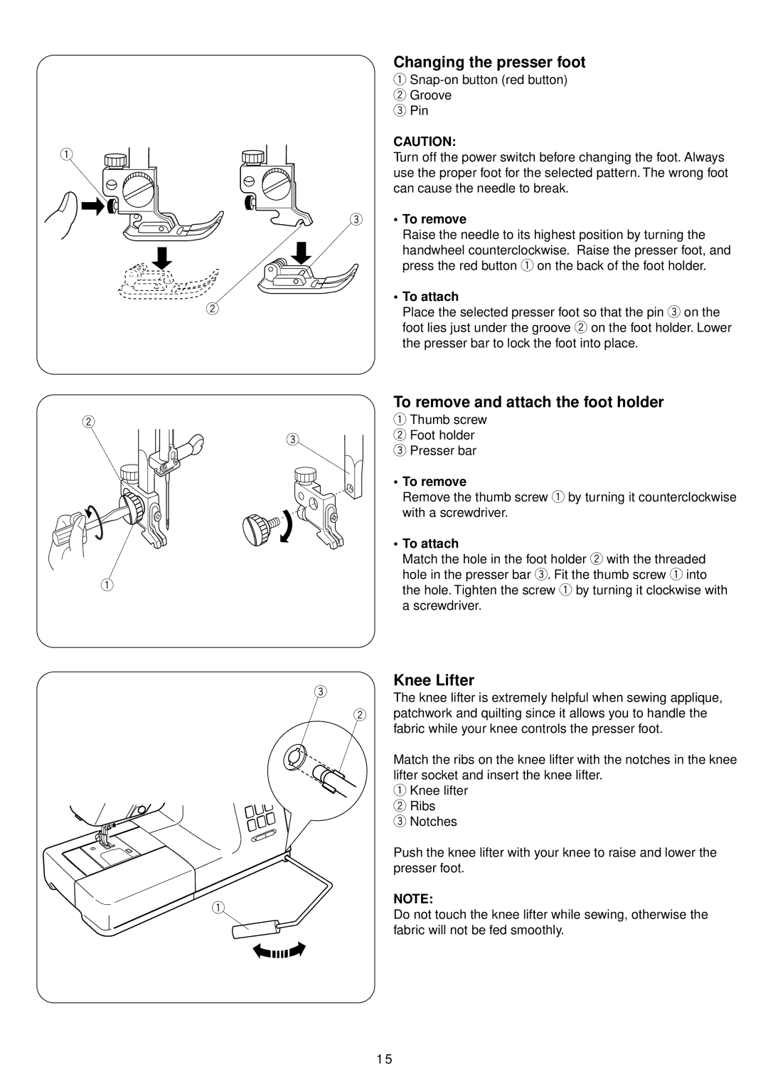 Janome 4900 QC manual Changing the presser foot, To remove and attach the foot holder, Knee Lifter, To attach 