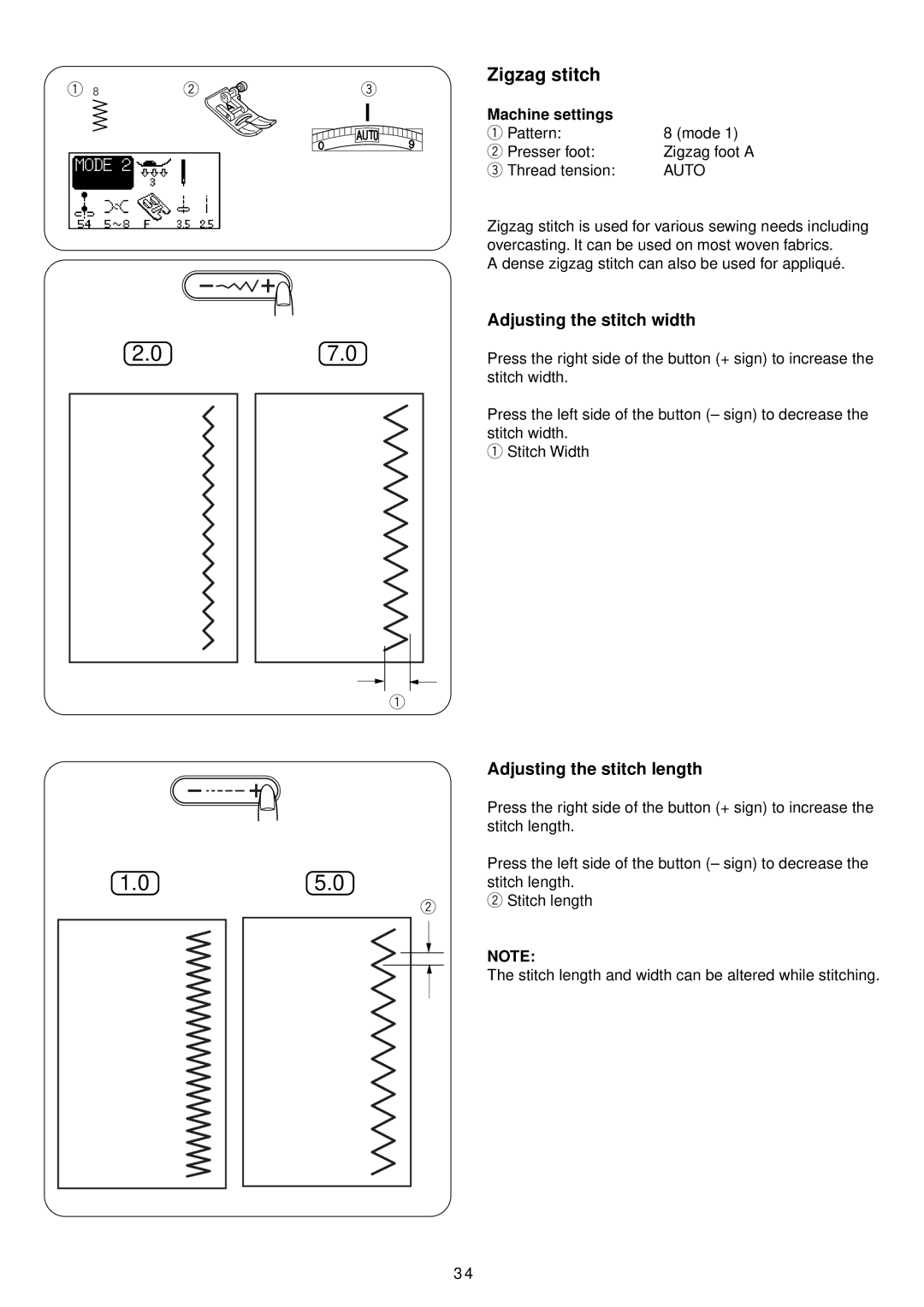 Janome 4900 QC manual Zigzag stitch, Adjusting the stitch width, Adjusting the stitch length 