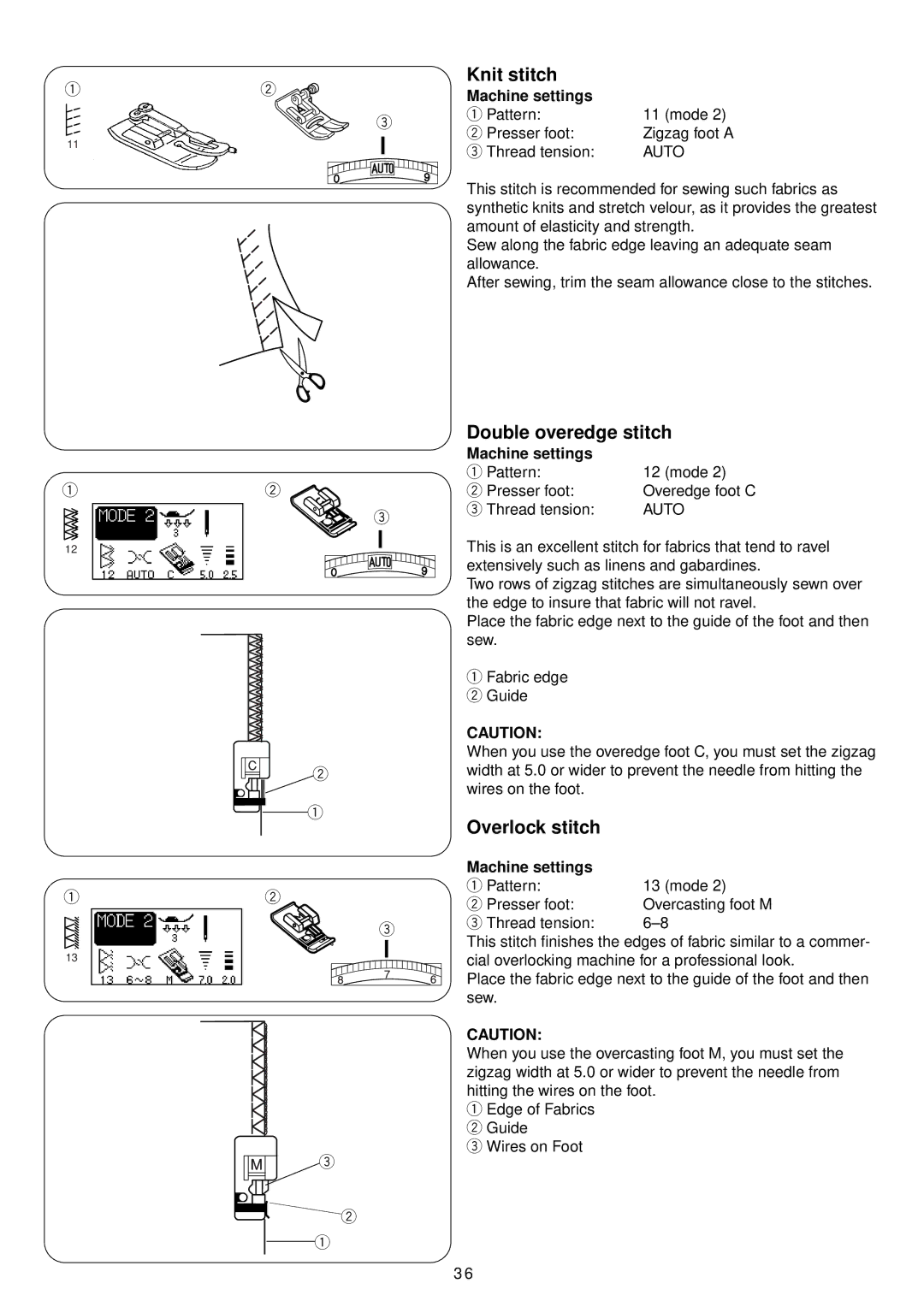 Janome 4900 QC manual Knit stitch, Double overedge stitch, Overlock stitch 