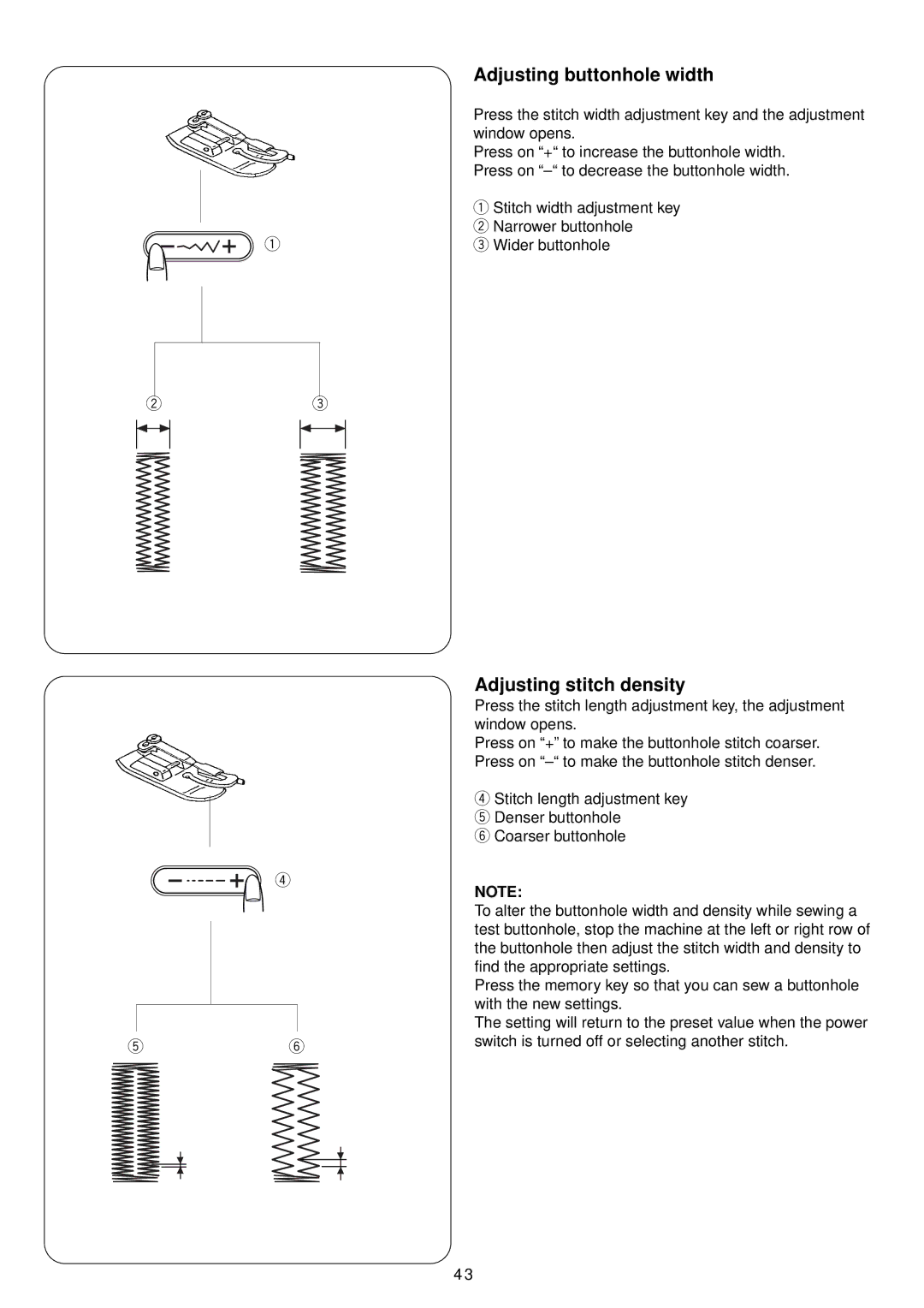 Janome 4900 QC manual Adjusting buttonhole width, Adjusting stitch density 