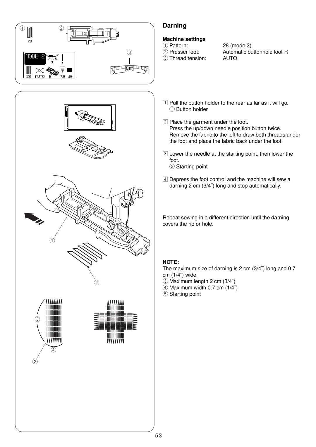 Janome 4900 QC manual Darning, Machine settings 