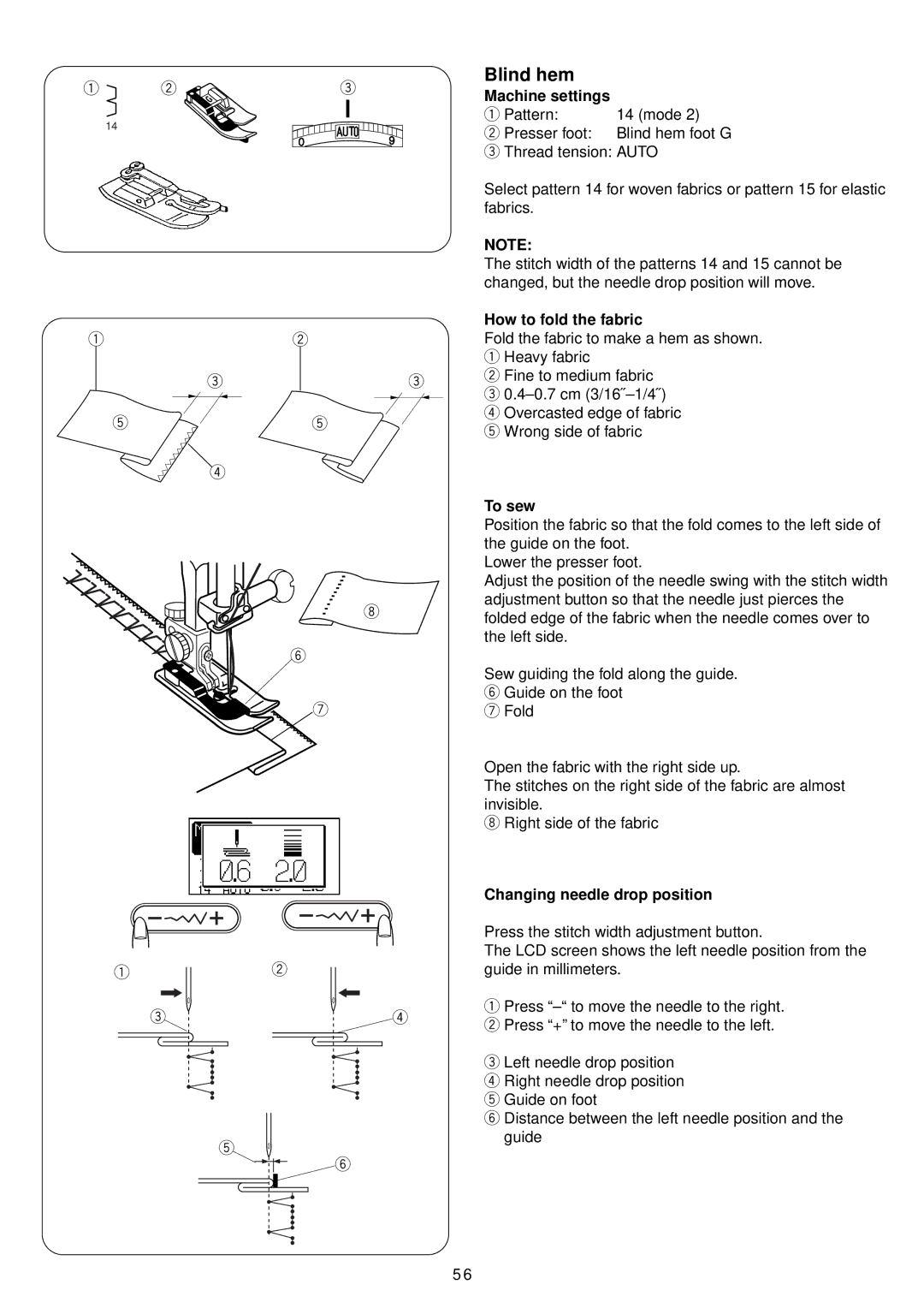 Janome 4900 QC manual Blind hem, How to fold the fabric, Changing needle drop position 