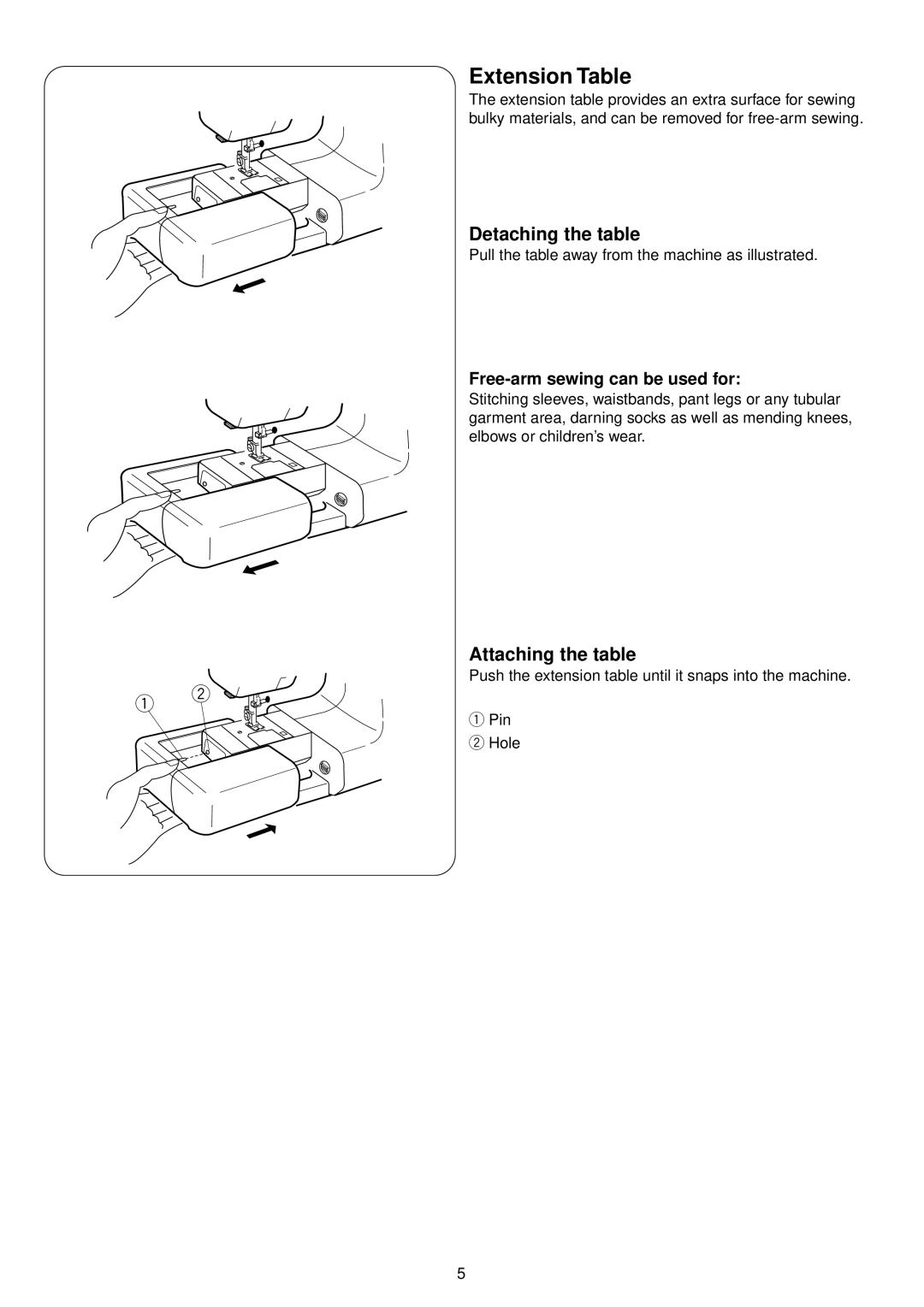 Janome 4900 QC manual Detaching the table, Attaching the table, Free-arm sewing can be used for 