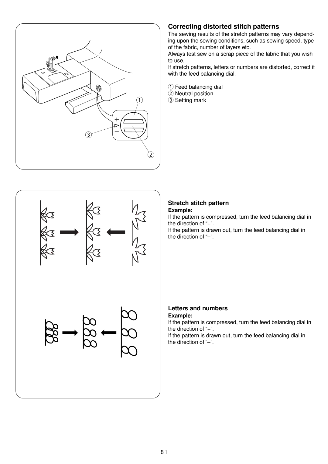 Janome 4900 QC manual Correcting distorted stitch patterns, Stretch stitch pattern, Letters and numbers, Example 